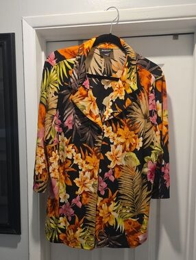 Avenue Black Tropical Floral Button Cardigan with Orange & Pink Accents